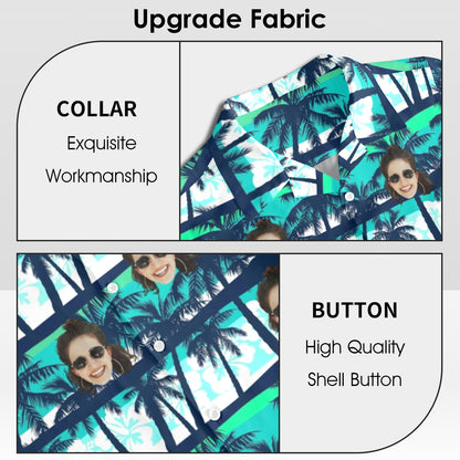 Custom Face Blue & Green Coconut Tree Hawaiian Shirt | Personalized Tropical Aloha Shirt Father's Day Gift