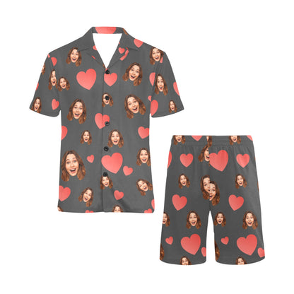 Custom Heart Multi-Color Pajamas | Personalized Men's V-Neck Short Pajama Set Gift for Him