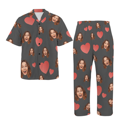 Custom Heart Multi-Color Pajamas | Personalized Men's V-Neck Pajama Set Anniversary Gift