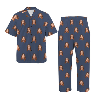 Custom Husband/Boyfriend Face Pajamas | Personalized Men's V-Neck Pajama Set Anniversary Gift