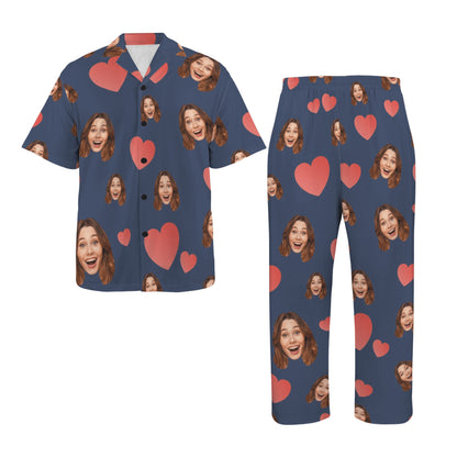 Custom Heart Multi-Color Pajamas | Personalized Men's V-Neck Pajama Set Anniversary Gift