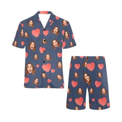 Custom Heart Multi-Color Pajamas | Personalized Men's V-Neck Short Pajama Set Gift for Him