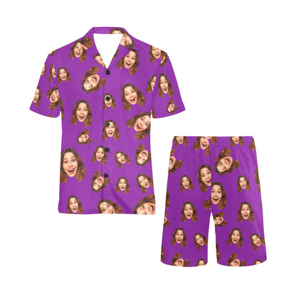 Custom Face Multi-Color Pajamas | Personalized Men's V-Neck Short Pajama Set Gift for Husband/Boyfriend