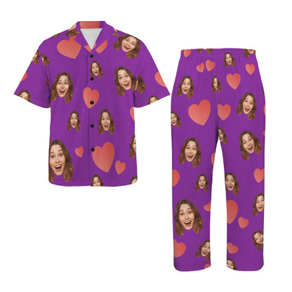 Custom Heart Multi-Color Pajamas | Personalized Men's V-Neck Pajama Set Anniversary Gift