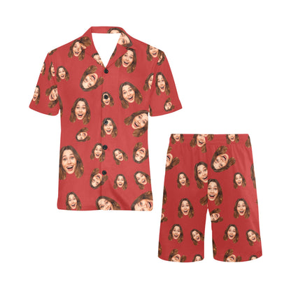 Custom Face Multi-Color Pajamas | Personalized Men's V-Neck Short Pajama Set Gift for Husband/Boyfriend