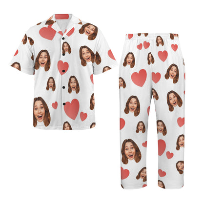 Custom Heart Multi-Color Pajamas | Personalized Men's V-Neck Pajama Set Anniversary Gift