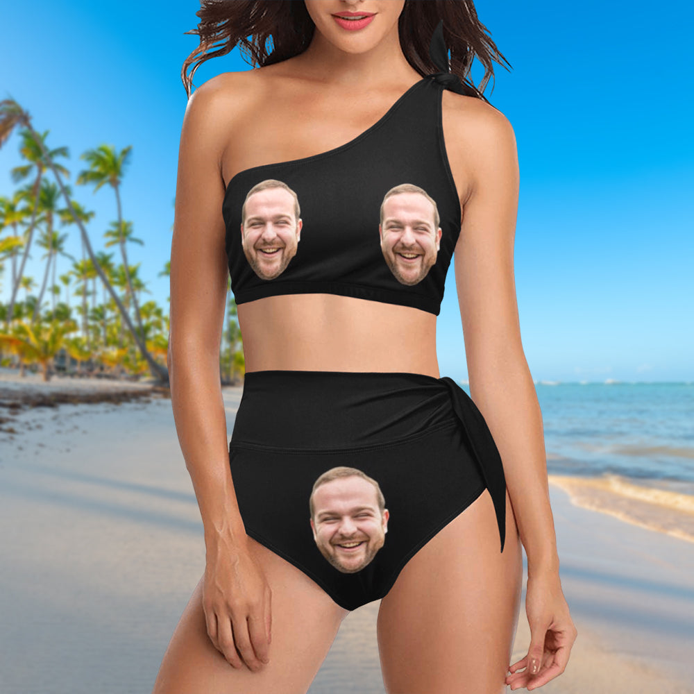 Custom Husband's Face Swimwear Swimsuit | Personalized Women's High Waisted One Shoulder Bikini Set