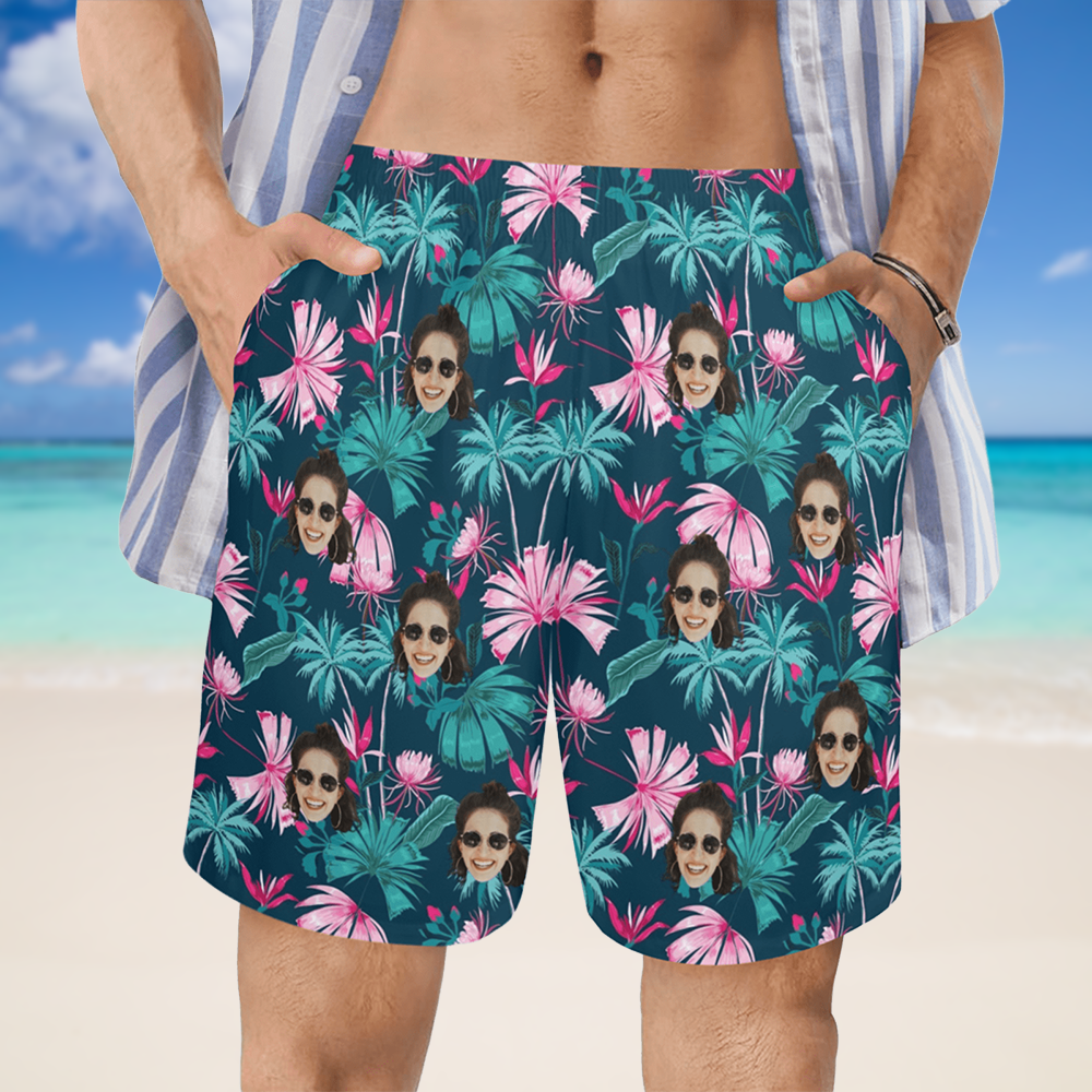 Custom Face Coconut Flowers Beach Shorts | Personalized Photo Men's Elastic Swim Trunks For Holiday