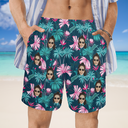 Custom Face Coconut Flowers Beach Shorts | Personalized Photo Men's Elastic Swim Trunks For Holiday