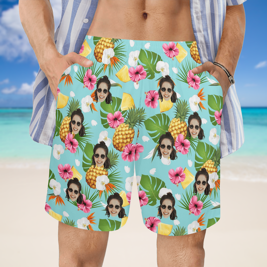 Custom Face Pineapple Flowers Beach Shorts | Personalized Photo Men's Elastic Swim Trunks Anniversary Gift