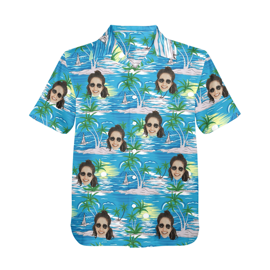 Custom Face Blue Sea&Island Hawaiian Shirt | Personalized Tropical Aloha Shirt For Vacation/Holiday
