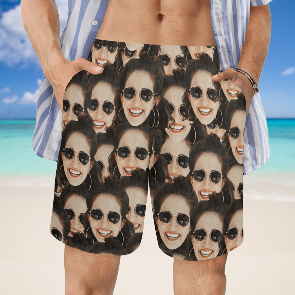 [Recommend]Custom Dense Face Beach Shorts | Personalized Photo Men's Elastic Swim Trunks