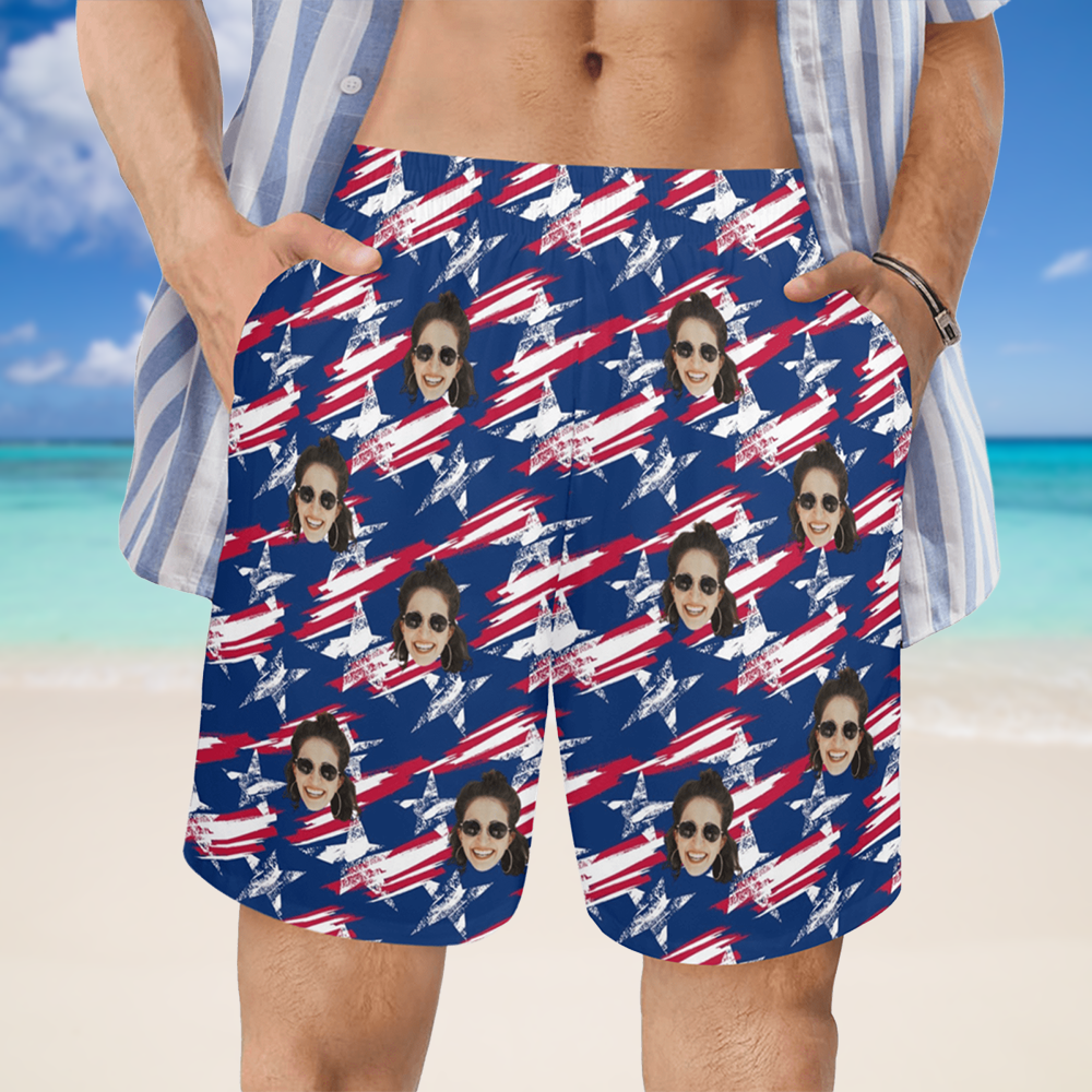 Custom Face Vintage USA Flag Beach Shorts | Personalized Photo Men's Elastic Swim Trunks For 4th Of July