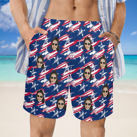 Custom Face Vintage USA Flag Beach Shorts | Personalized Photo Men's Elastic Swim Trunks For 4th Of July