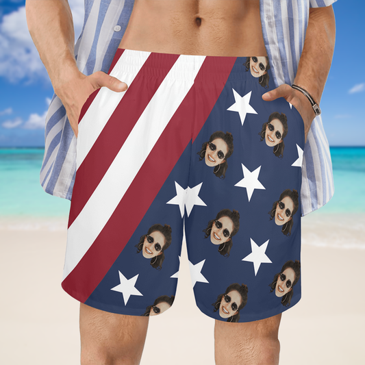 Custom Face USA Flag Beach Shorts | Personalized Photo Men's Elastic Swim Trunks For July 4th Party