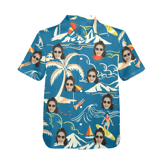 Custom Face Blue Surfing Island Hawaiian Shirt | Personalized Tropical Aloha Shirt For Boat/Cruise Trip