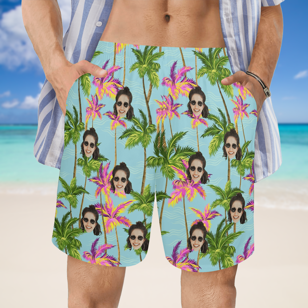 Custom Face Purple Coconut Tree Beach Shorts | Personalized Photo Men's Elastic Swim Trunks Cruise Trip
