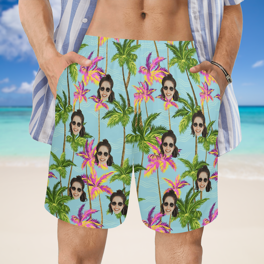 Custom Face Purple Coconut Tree Beach Shorts | Personalized Photo Men's Elastic Swim Trunks Cruise Trip