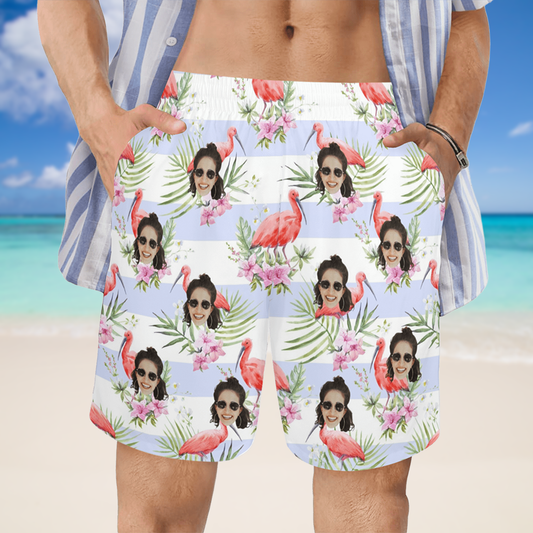 Custom Face Pink Flamingo Beach Shorts | Personalized Photo Men's Elastic Swim Trunks Birthday Gift