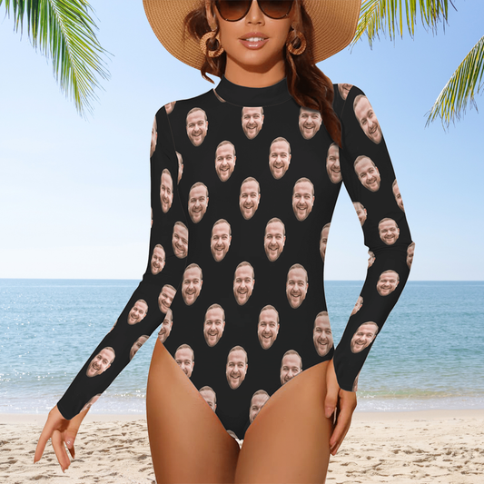 Custom Husband/Boyfriend Face Swimsuit | Personalized Women's Backless Long Sleeve One-Piece Bathing Suit For Honeymoons