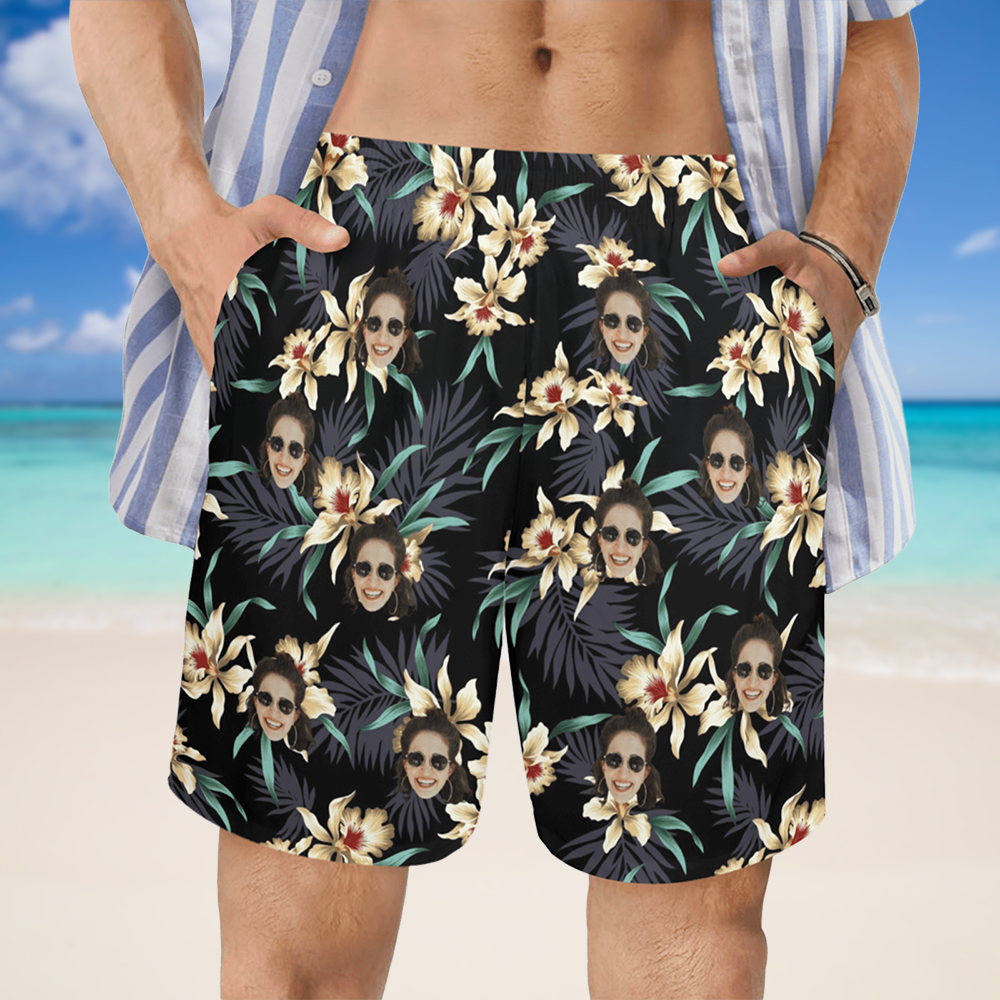 Custom Face Lily Flowers Beach Shorts | Personalized Photo Men's Elastic Swim Trunks Birthday Vacation Party