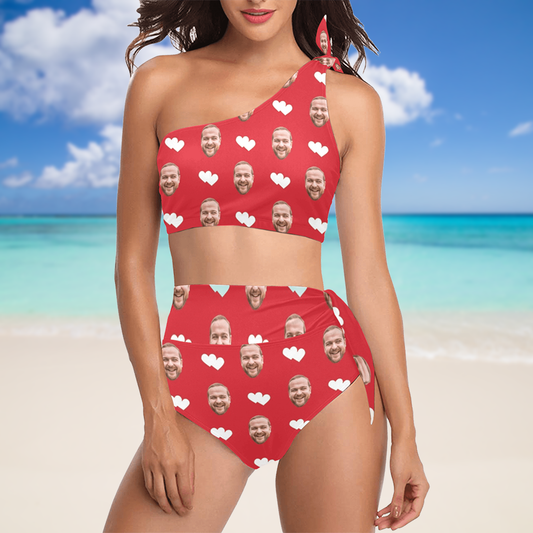 Custom Heart Face Red Swimsuit | Personalized Women's High Waisted One Shoulder Bikini Set For Cruise Trip
