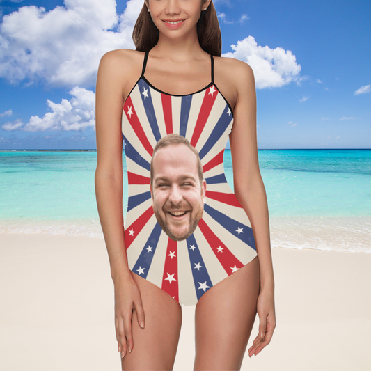 Custom Face Radiating National Flag Swimsuit | Unique Women's Slip One-Piece Swimwear For 4th Of July
