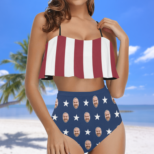 Custom USA Flag Face Swimsuit | Unique Women's Two Piece High Waisted Ruffle Bikini For July 4th Party
