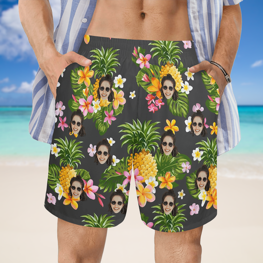 Custom Face Yellow Pineapple Beach Shorts | Personalized Photo Men's Elastic Swim Trunks Beach Trip