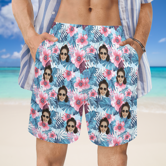 Custom Face Blue Leaves Beach Shorts | Personalized Photo Men's Elastic Swim Trunks For Boat Trip