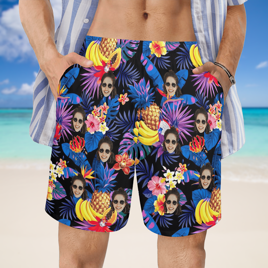 Custom Face Tropical Fruit Beach Shorts | Personalized Photo Men's Elastic Swim Trunks For Holiday Traveling