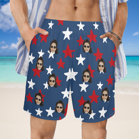 Custom Flag Stars Face Beach Shorts | Personalized Photo Men's Elastic Swim Trunks 4th Of July