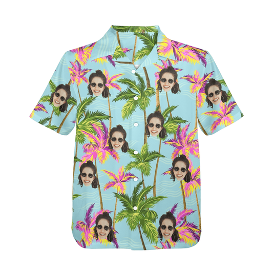 Custom Face Purple&Green Coconut Tree Hawaiian Shirt | Personalized Tropical Aloha Shirt For Float Trip
