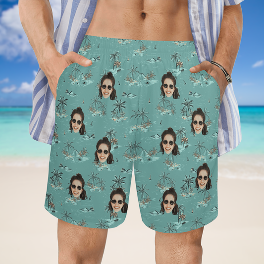Custom Face Coconut Tree&Island Beach Shorts | Personalized Photo Men's Elastic Swim Trunks For Holiday Trip