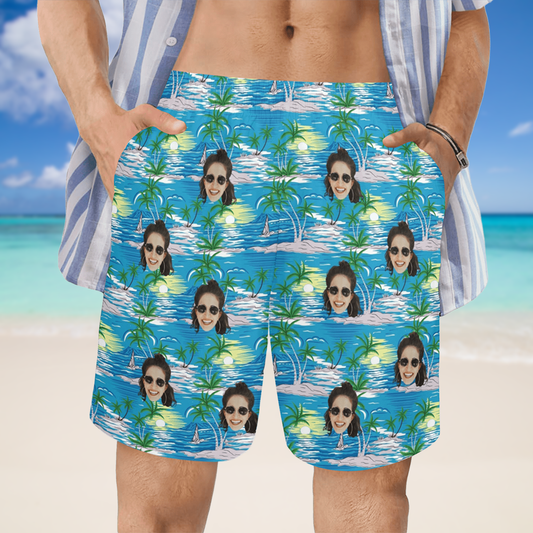 Custom Face Blue Sea And Island Beach Shorts | Personalized Photo Men's Elastic Swim Trunks For Husband