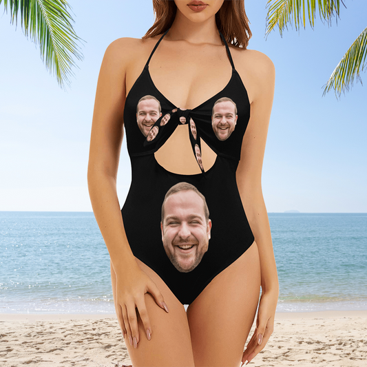 Custom Face Swimsuit | Personalized Women's Backless Bow One Piece Bathing Suit Celebrate Holiday