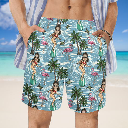 Custom Face Surfing Beach Shorts | Personalized Photo Men's Elastic Swim Trunks Prank Gift
