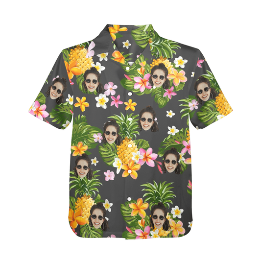 Custom Face Yellow Pineapple Flowers Hawaiian Shirt | Personalized Tropical Aloha Shirt For Bachelorette Party