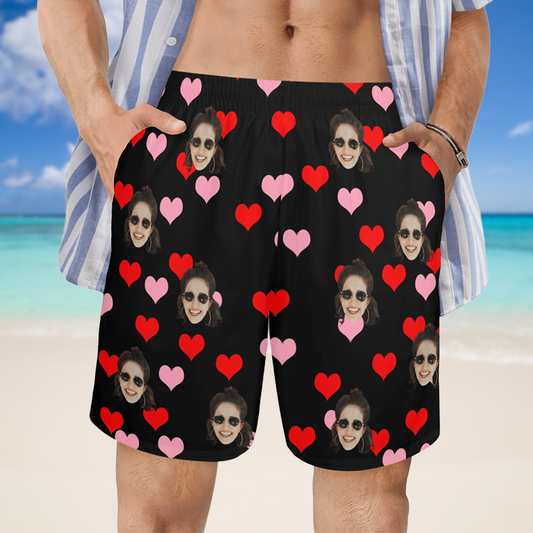 Custom Heart Face Beach Shorts | Personalized Photo Men's Elastic Swim Trunks Bachelor Party