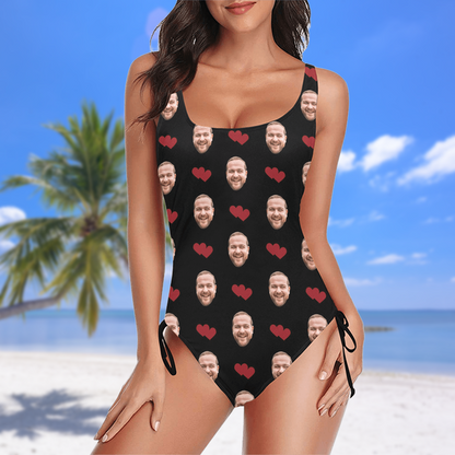 Custom Love Heart Face Swimsuit | Unique Women's New Drawstring Side One Piece Swimwear Gift For Her