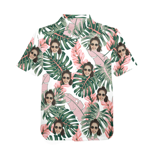 Custom Face Pink Plantain Leaves Hawaiian Shirt | Personalized Tropical Aloha Shirt Birthday Party Gift