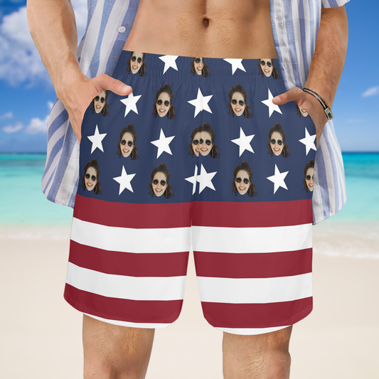 Custom Face National Flag Beach Shorts | Personalized Photo Men's Elastic Swim Trunks For Memorial Day