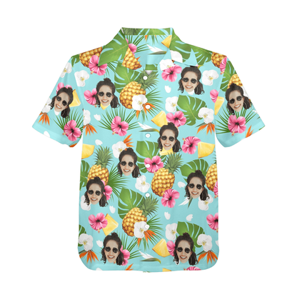 Custom Face Pineapple Flowers Hawaiian Shirt | Personalized Tropical Aloha Shirt For Family Party
