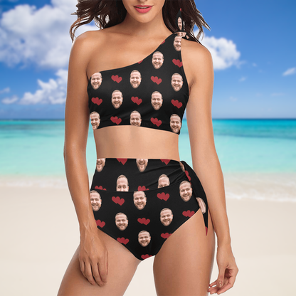 Custom Heart Face Black Swimsuit | Personalized Women's High Waisted One Shoulder Bikini Set For Bachelor Party