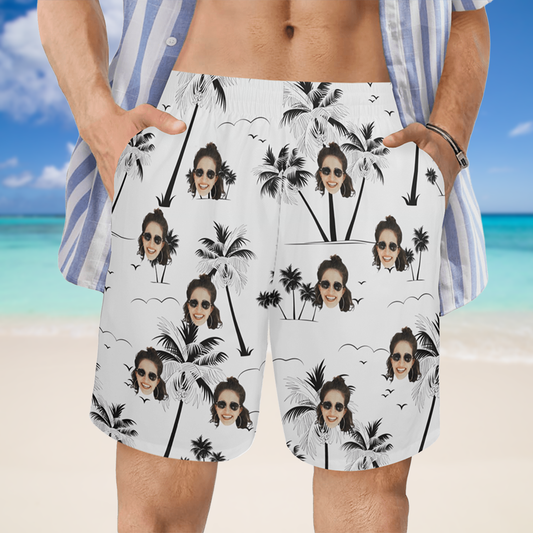 Custom Face Coconut Tree Beach Shorts | Personalized Photo Men's Elastic Swim Trunks For Traveling