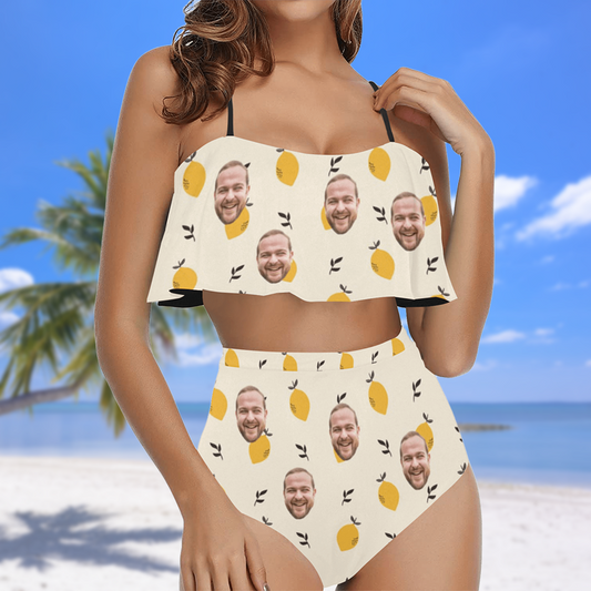 Custom Face Yellow Lemon Swimsuit | Unique Women's Two Piece High Waisted Ruffle Bikini Beach Outfits
