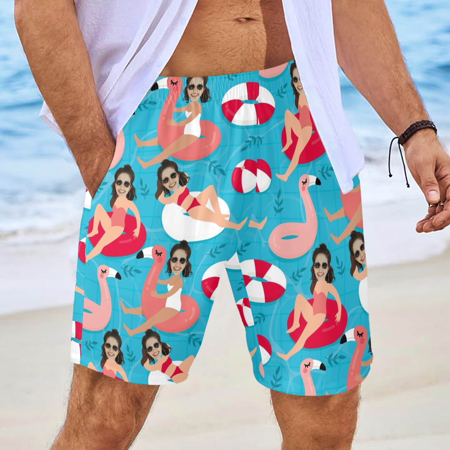 Custom Swim Ring Wife Face Beach Shorts | Personalized Photo Men's Elastic Swim Trunks Funny Gifts