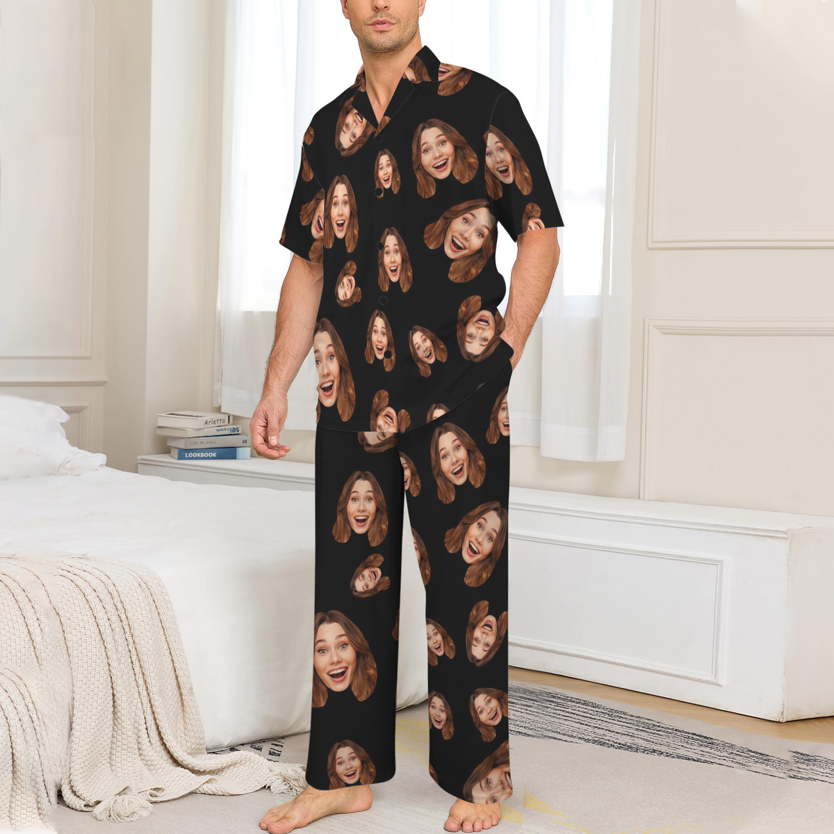 Custom Face Multi-Color Pajamas | Personalized Men's V-Neck Pajama Set Valentine's Gift