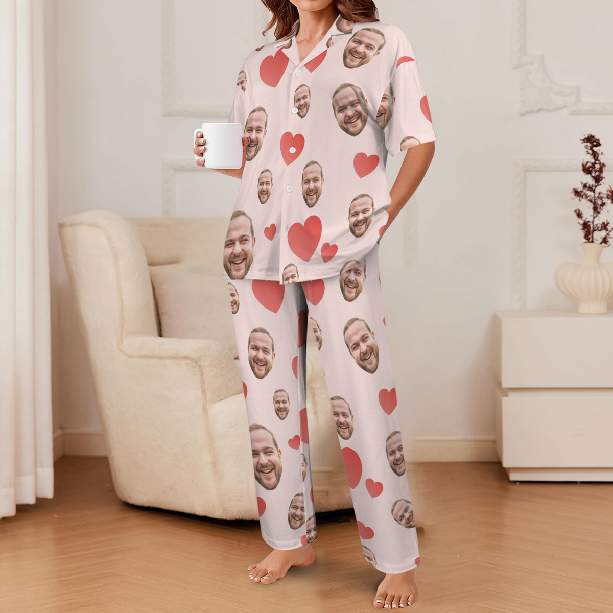 Custom Heart Multi-Color Pajamas | Personalized Women's V-Neck Pajama Set Christmas Gift