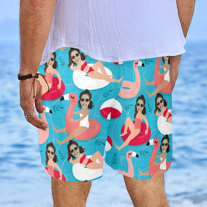 Custom Swim Ring Wife Face Beach Shorts | Personalized Photo Men's Elastic Swim Trunks Funny Gifts